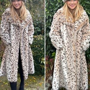 Sportowne Vintage Faux Fur Coat 70s Snow Leopard Furry Midi Jacket Sz 14